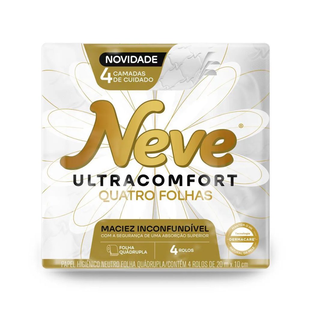 Papel Higiênico Neve Folha Quadrupla Neutro Ultracomfort 20M Pacote 4 Unidades