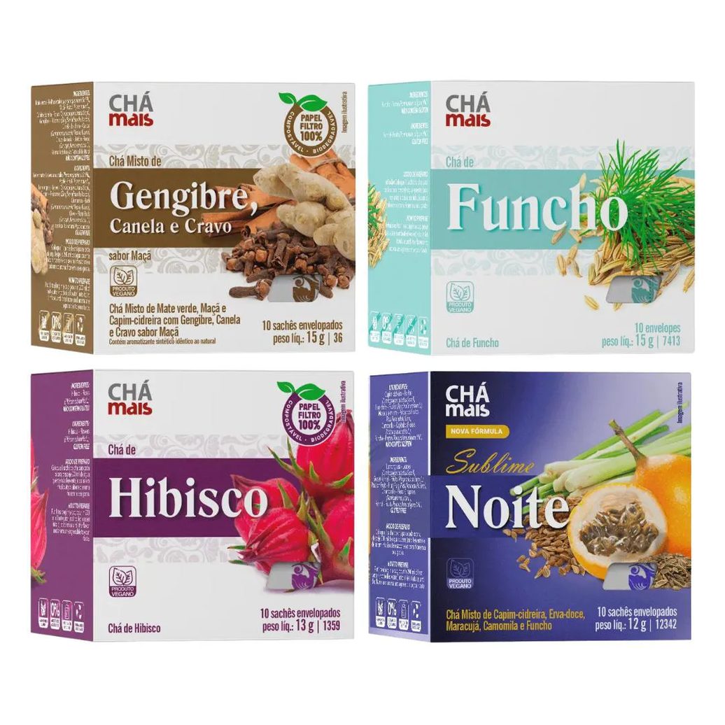 Kit Chás Gengibre, Cravo E Canela + Funcho + Hibisco + Sublime Noite - Chá Mais
