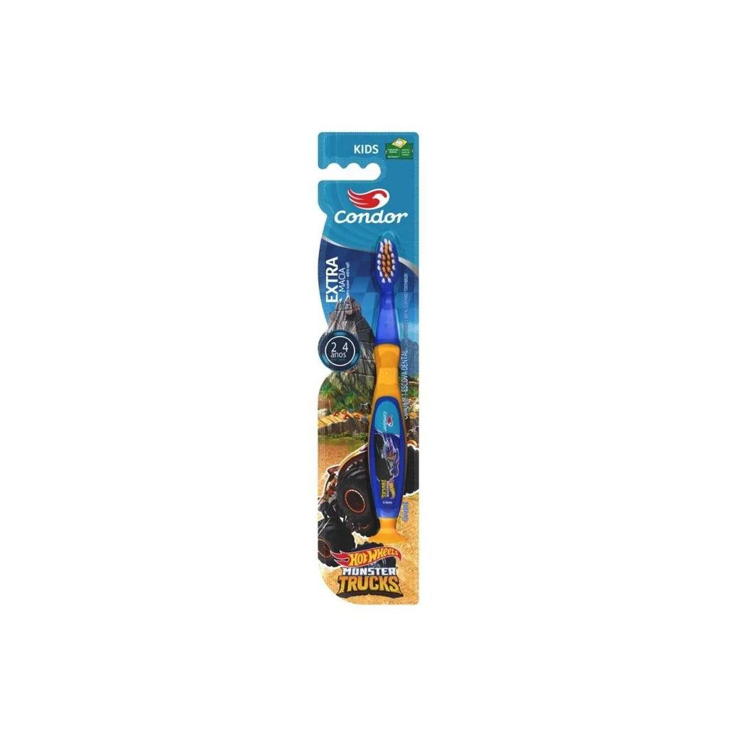 Escova Dental Extramacia com Limpador de Língua e Ventosa Hot Wheels Monster Trucks Condor Kids Cabe Azulamarelo