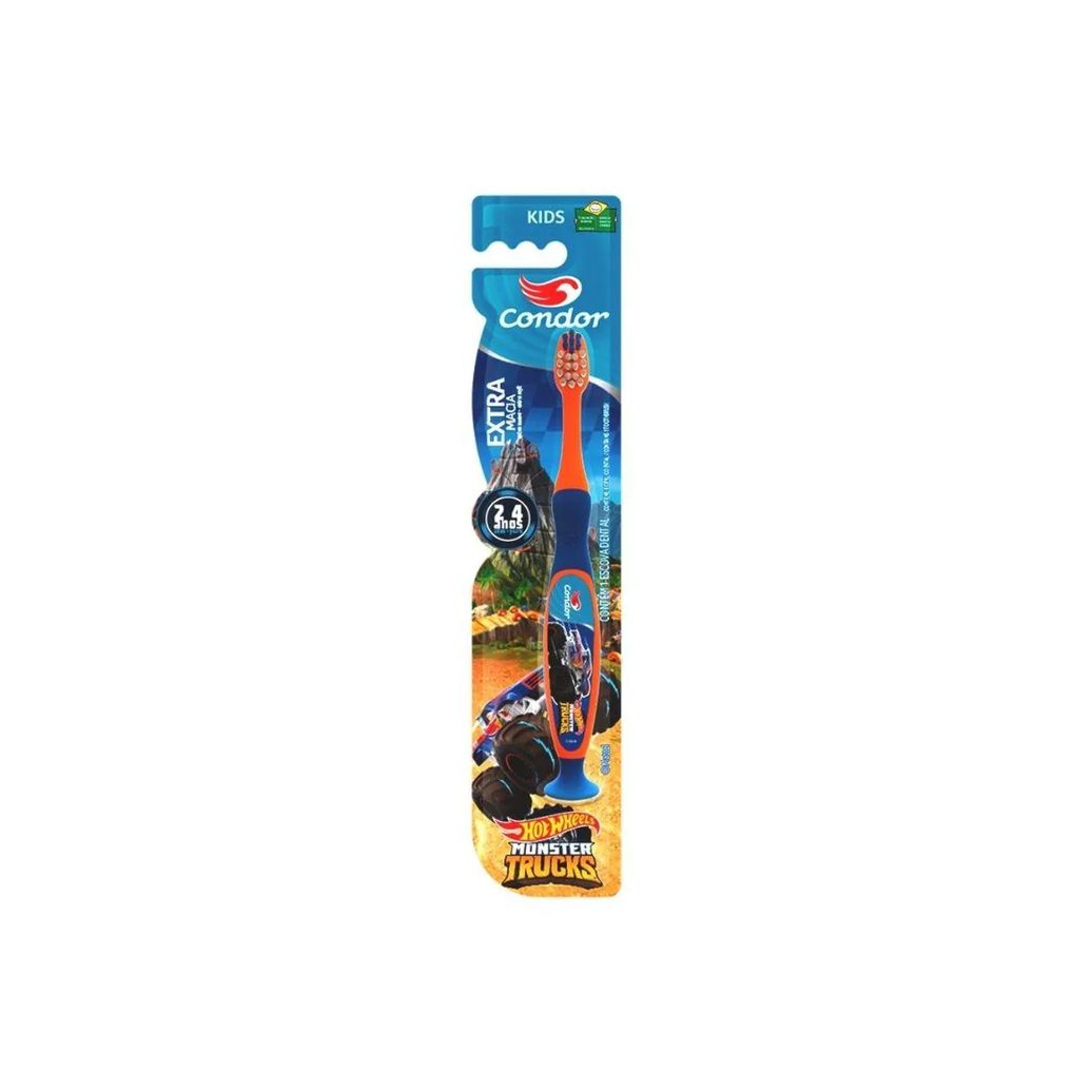Escova Dental Extramacia com Limpador de Língua e Ventosa Hot Wheels Monster Trucks Condor Kids Cabe Laranjaazul