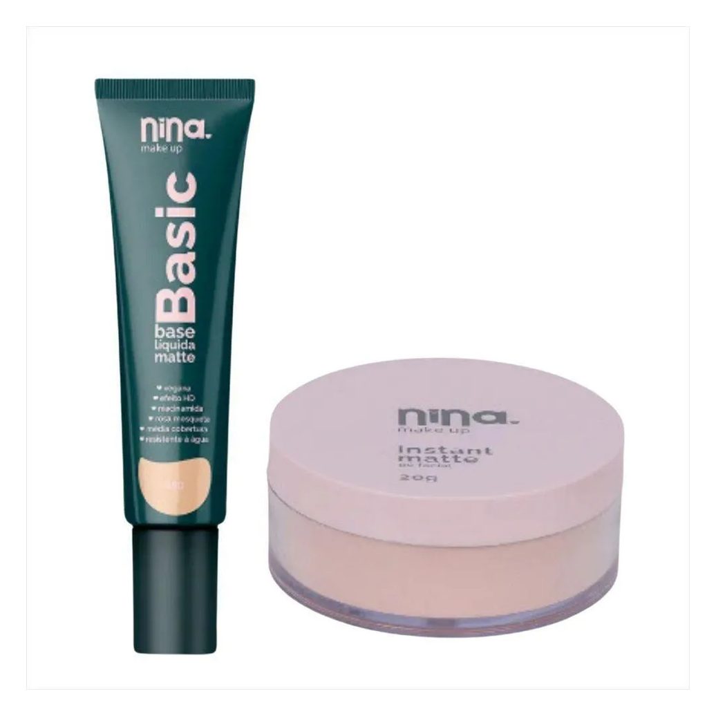 Kit Nina Makeup Base Líquida Basic+Pó Solto Instant Cor 1