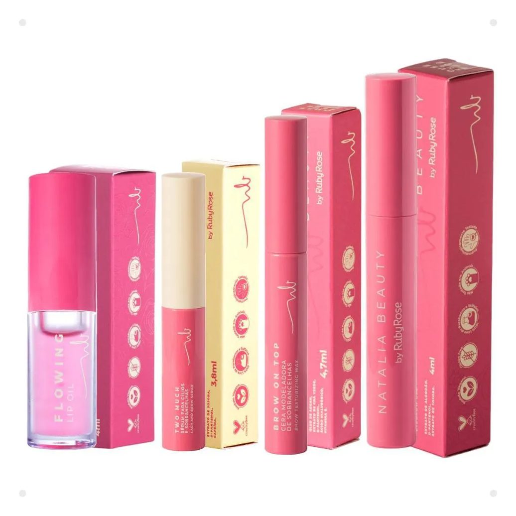Kit Natalia Beauty By Ruby Rose: Sérum Two Much, Cera Brow On Top, Gel Brow Boss e Lip Oil