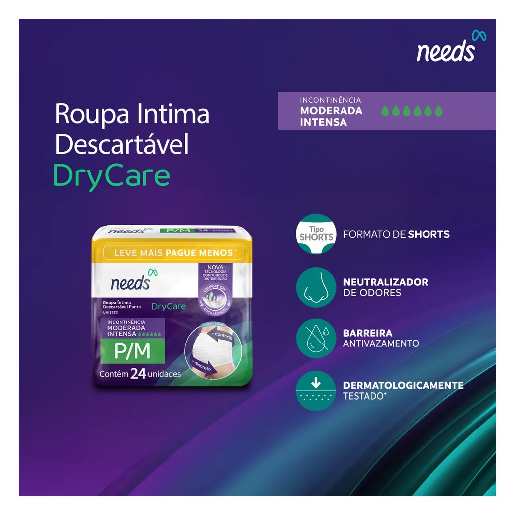 Roupa Íntima Descartável Needs DryCare Pants P/M 24 Unidades