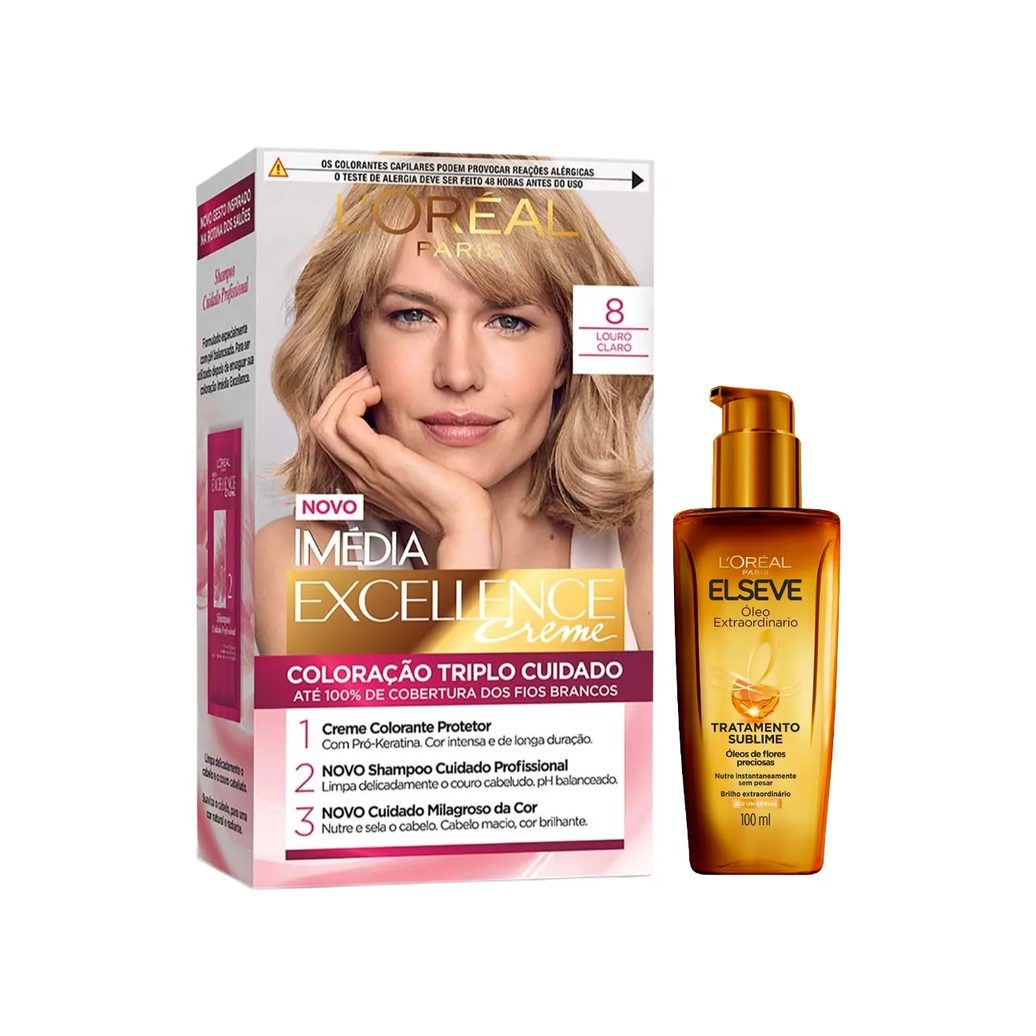 Kit L'Oréal Paris Tinta de Cabelo Permanente Imédia Excellence Creme - 8 Louro Claro 47g + Óleo Extraordinário Tratamento Reconstrutor Elseve 100ml