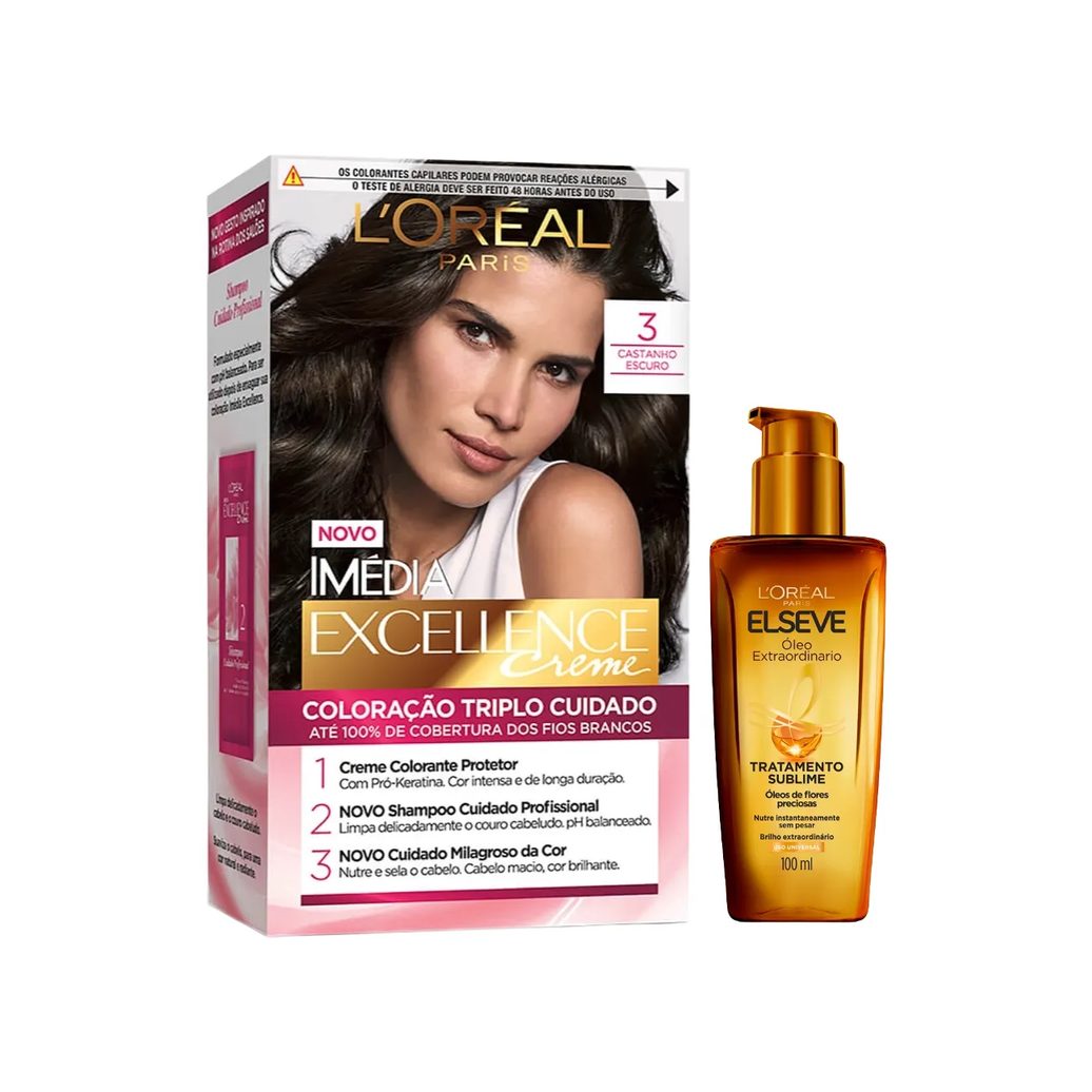 Kit L'Oréal Paris Tinta de Cabelo Permanente Imédia Excellence Creme - 3 Castanho Escuro + Óleo Extraordinário Tratamento Reconstrutor Elseve 100ml