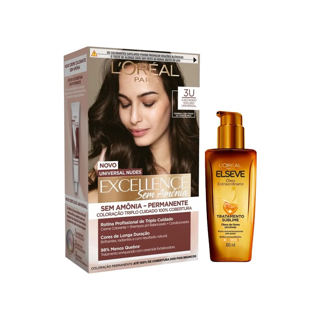 Kit L'Oréal Paris Tinta de Cabelo Permanente Imédia Excellence Sem Amônia - 3U Castanho Escuro Universal + Óleo Extraordinário Tratamento Reconstrutor Elseve 100ml