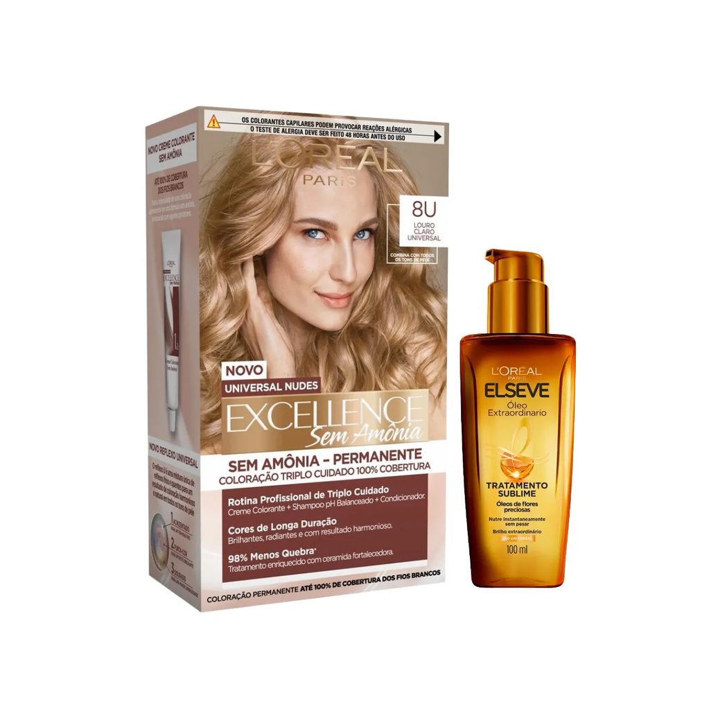 Kit L'Oréal Paris Tinta de Cabelo Permanente Imédia Excellence Sem Amônia - 8U Louro Claro Universal + Óleo Extraordinário Tratamento Reconstrutor Elseve 100ml