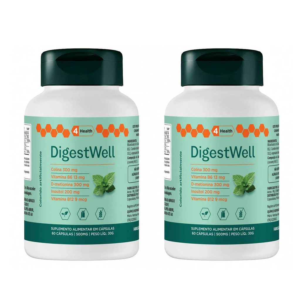 Digestwell (Suporte Digestivo) – Colina, Inositol, D-Metionina, Vitaminas B6, B12 | 60 Capsulas - 4 Health - 2 Potes