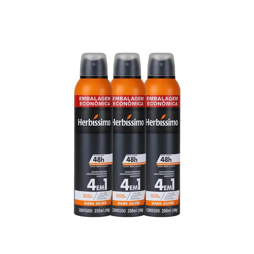 Kit Desodorante Aerosol Antitranspirante Herbíssimo Dark Silver 250Ml - 3 Unidades