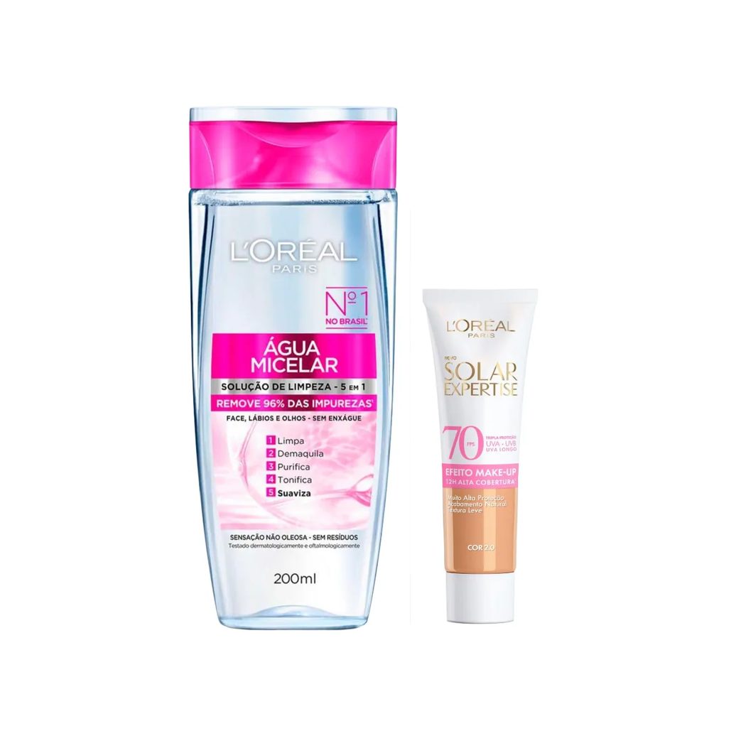 Kit Facial L'Oréal Paris Água Micelar Solução de Limpeza 5 em 1 200ml + Protetor Solar Expertise Efeito Make Up FPS 70 Cor 2.0 30g