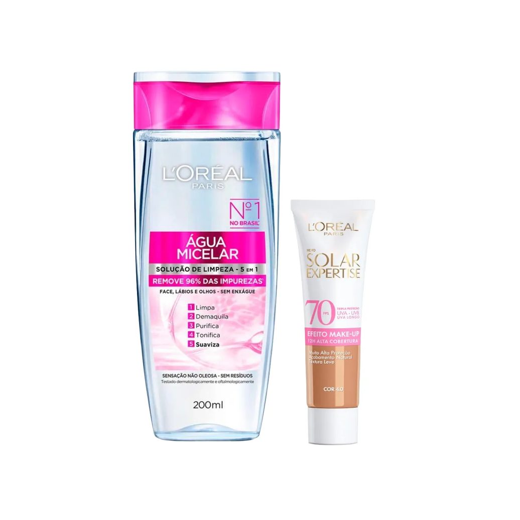 Kit Facial L'Oréal Paris Água Micelar Solução de Limpeza 5 em 1 200ml + Protetor Solar Expertise Efeito Make Up FPS 70 Cor 4.0 30g