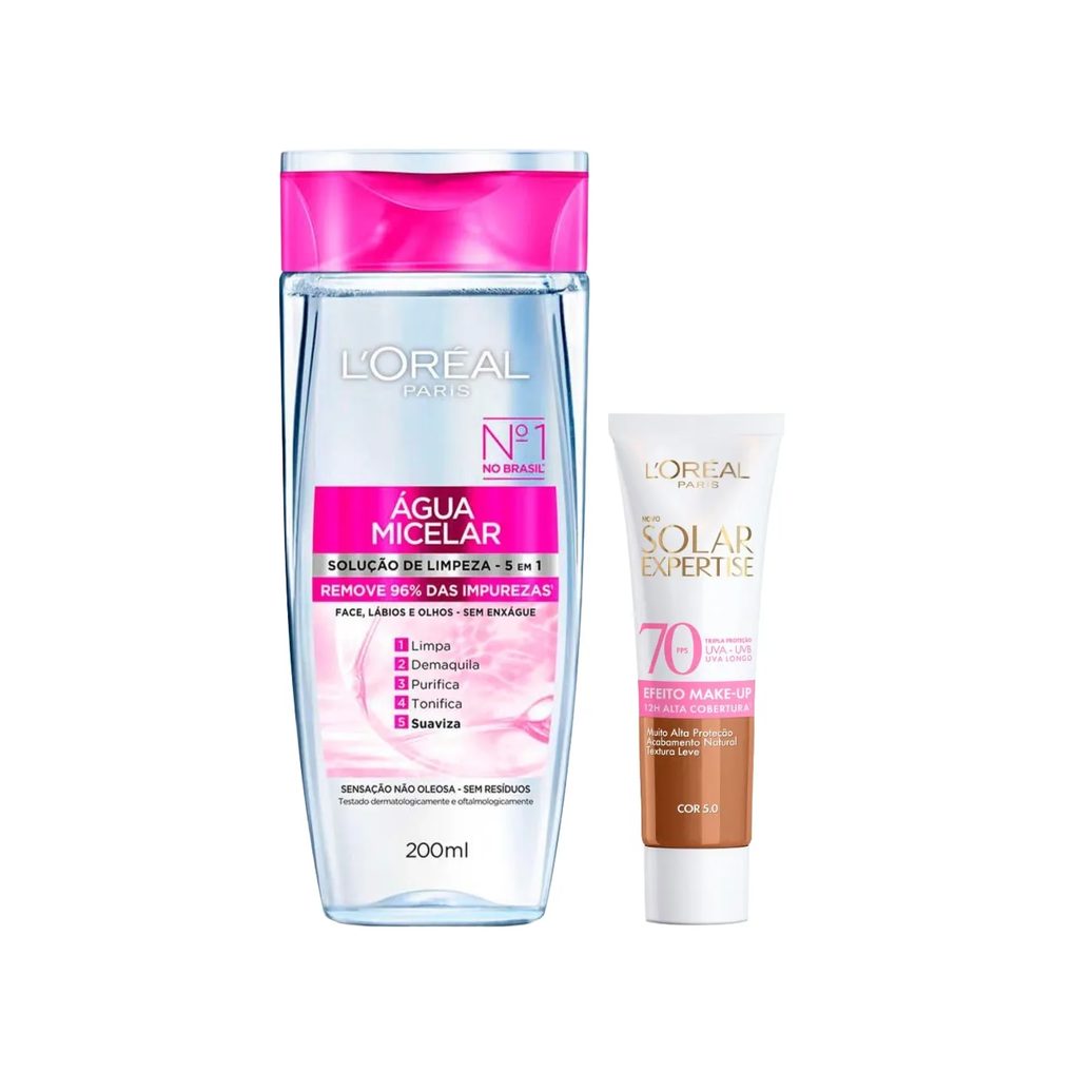Kit Facial L'Oréal Paris Água Micelar Solução de Limpeza 5 em 1 200ml + Protetor Solar Expertise Efeito Make Up FPS 70 Cor 5.0 30g