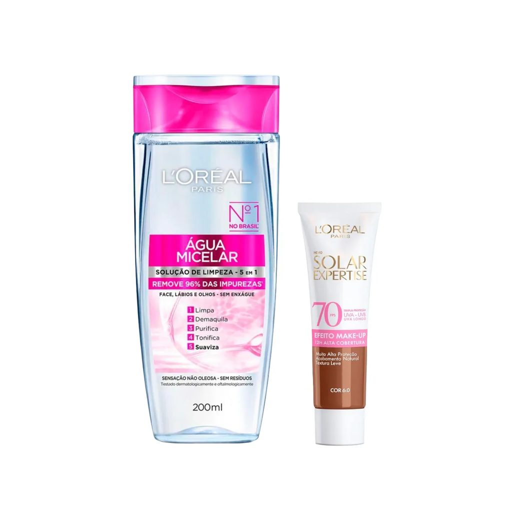 Kit Facial L'Oréal Paris Água Micelar Solução de Limpeza 5 em 1 200ml + Protetor Solar Expertise Efeito Make Up FPS 70 Cor 6.0 30g