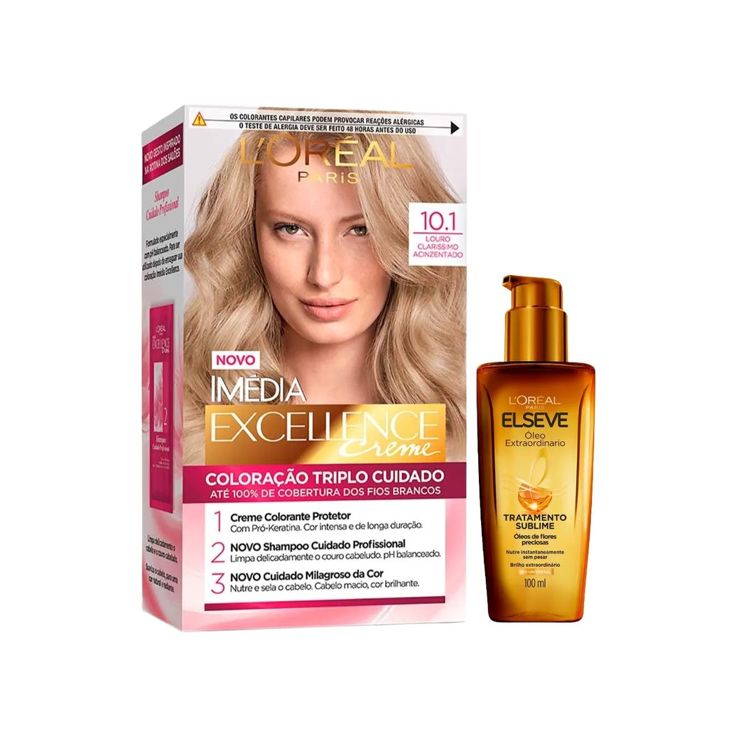 Kit L'Oréal Paris Tinta de Cabelo Permanente Imédia Excellence Creme - 10.1 Louro Claríssimo Acinzentado + Óleo Extraordinário Tratamento Reconstrutor Elseve 100ml