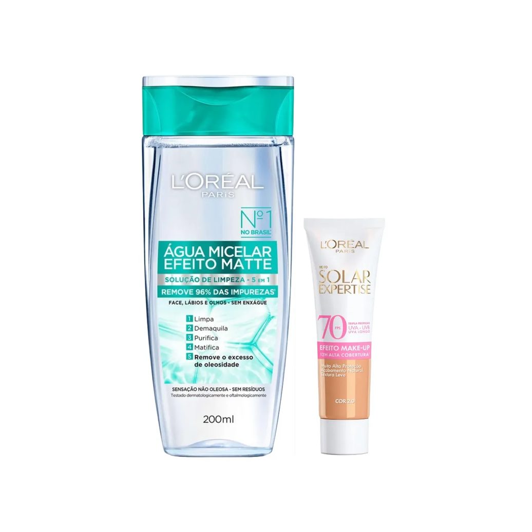 Kit Facial L'Oréal Paris Água Micelar Efeito Matte Solução de Limpeza 5 em 1 200ml + Protetor Solar Expertise Efeito Make Up FPS 70 Cor 2.0 30g
