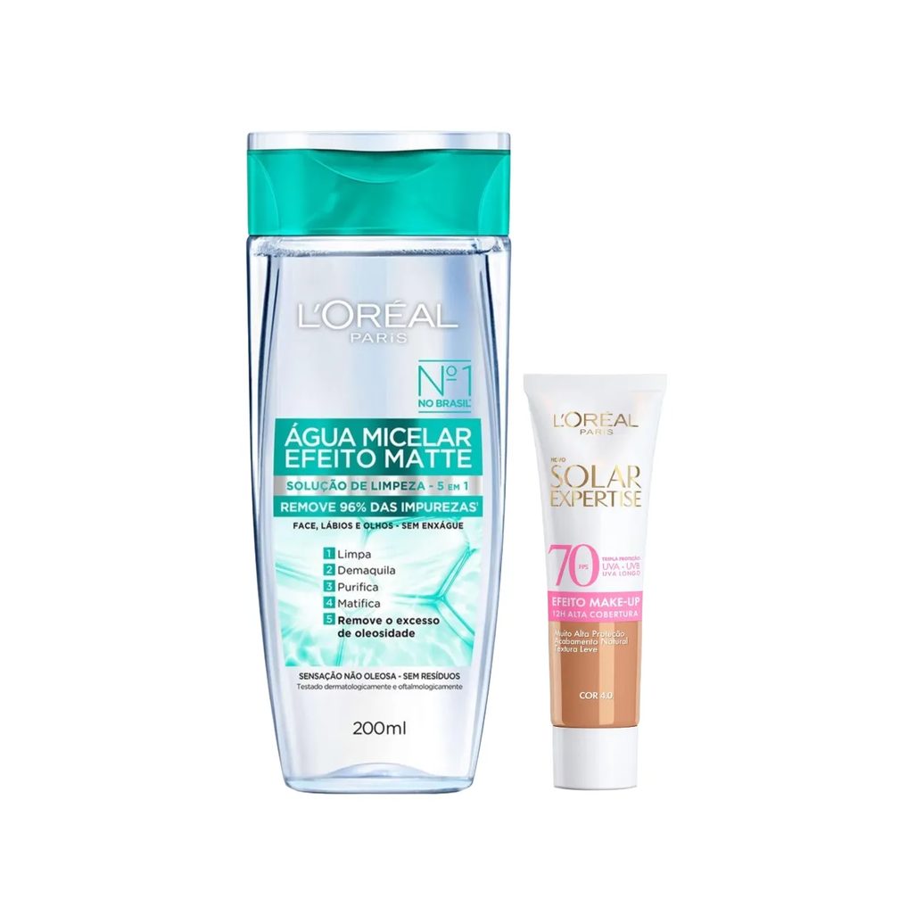 Kit Facial L'Oréal Paris Água Micelar Efeito Matte Solução de Limpeza 5 em 1 200ml + Protetor Solar Expertise Efeito Make Up FPS 70 Cor 4.0 30g