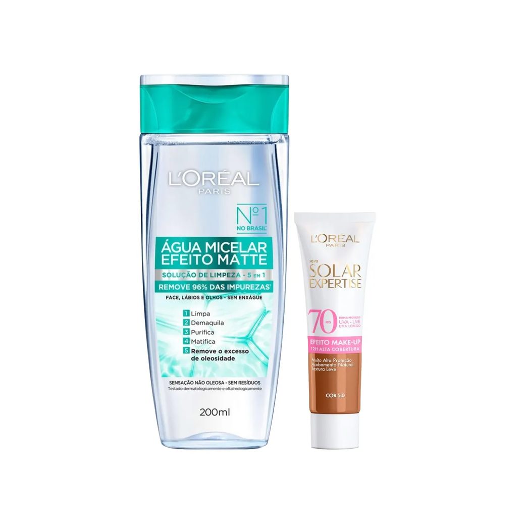 Kit Facial L'Oréal Paris Água Micelar Efeito Matte Solução de Limpeza 5 em 1 200ml + Protetor Solar Expertise Efeito Make Up FPS 70 Cor 5.0 30g