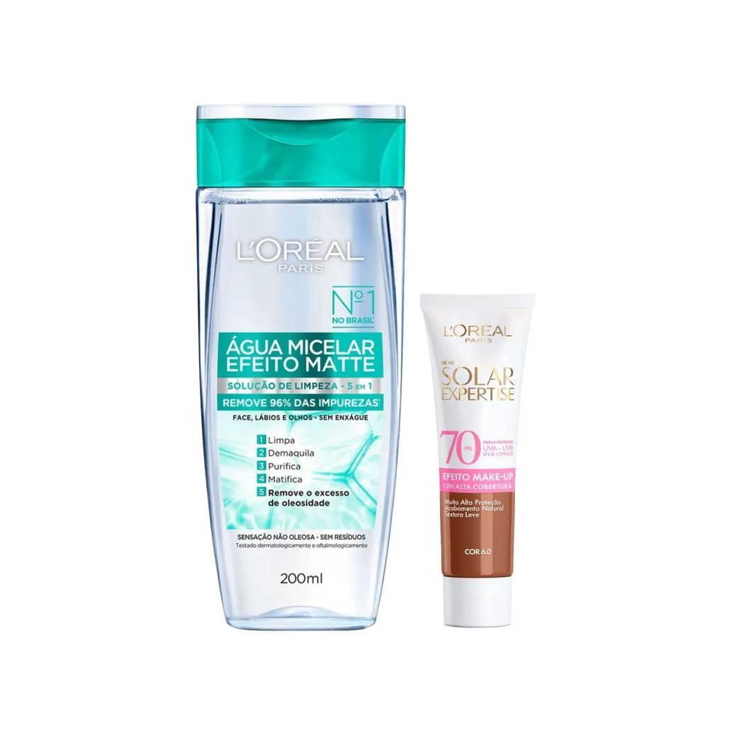 Kit Facial L'Oréal Paris Água Micelar Efeito Matte Solução de Limpeza 5 em 1 200ml + Protetor Solar Expertise Efeito Make Up FPS 70 Cor 6.0 30g