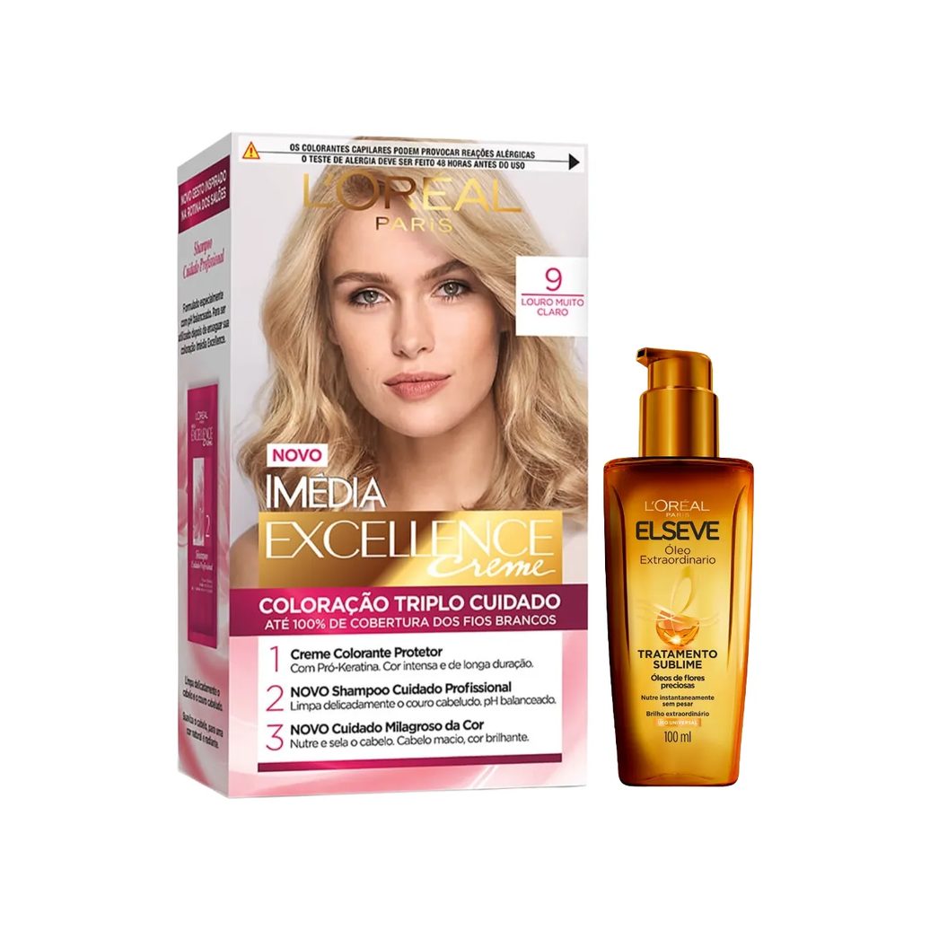 Kit L'Oréal Paris Tinta de Cabelo Permanente Imédia Excellence Creme - 9 Louro Muito Claro + Óleo Extraordinário Tratamento Reconstrutor L'Oréal Paris Elseve 100ml