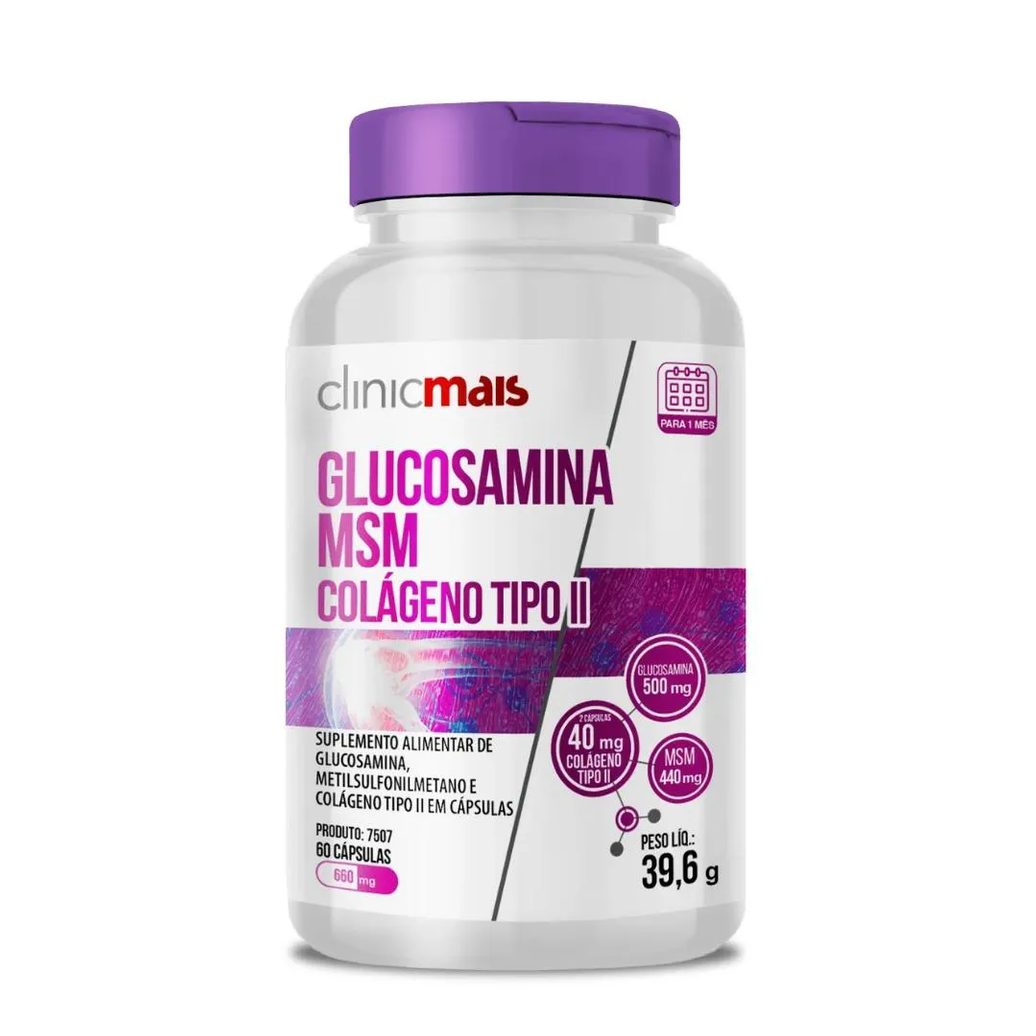 Glucosamina, Msm e Colágeno Tipo 2 60 Cápsulas 660Mg Clinicmais