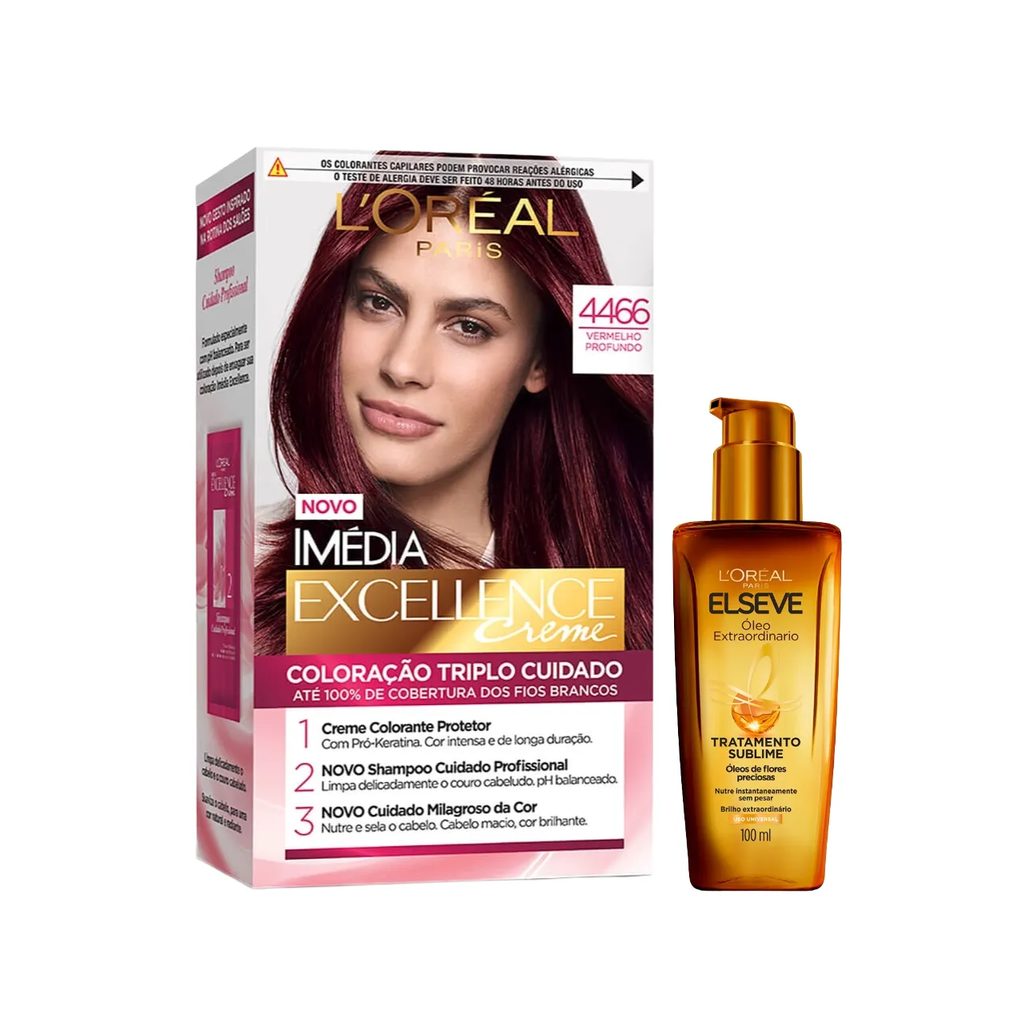 Kit L'Oréal Paris Tinta de Cabelo Permanente Imédia Excellence Creme - 4466 Vermelho Profundo + Óleo Extraordinário Tratamento Reconstrutor Elseve 100ml