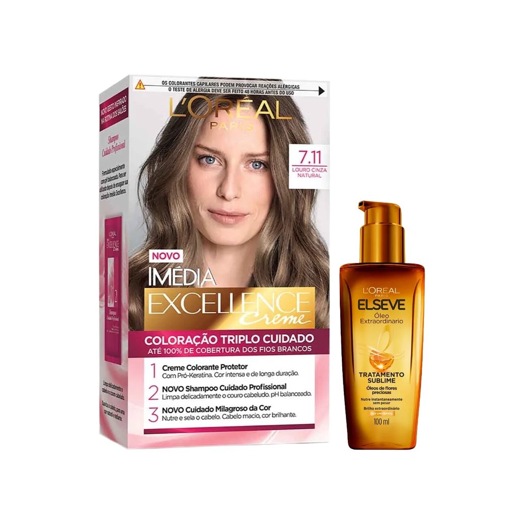 Kit L'Oréal Paris Tinta de Cabelo Permanente Imédia Excellence Creme - 7.11 Louro Cinza Natural + Óleo Extraordinário Tratamento Reconstrutor Elseve 100ml