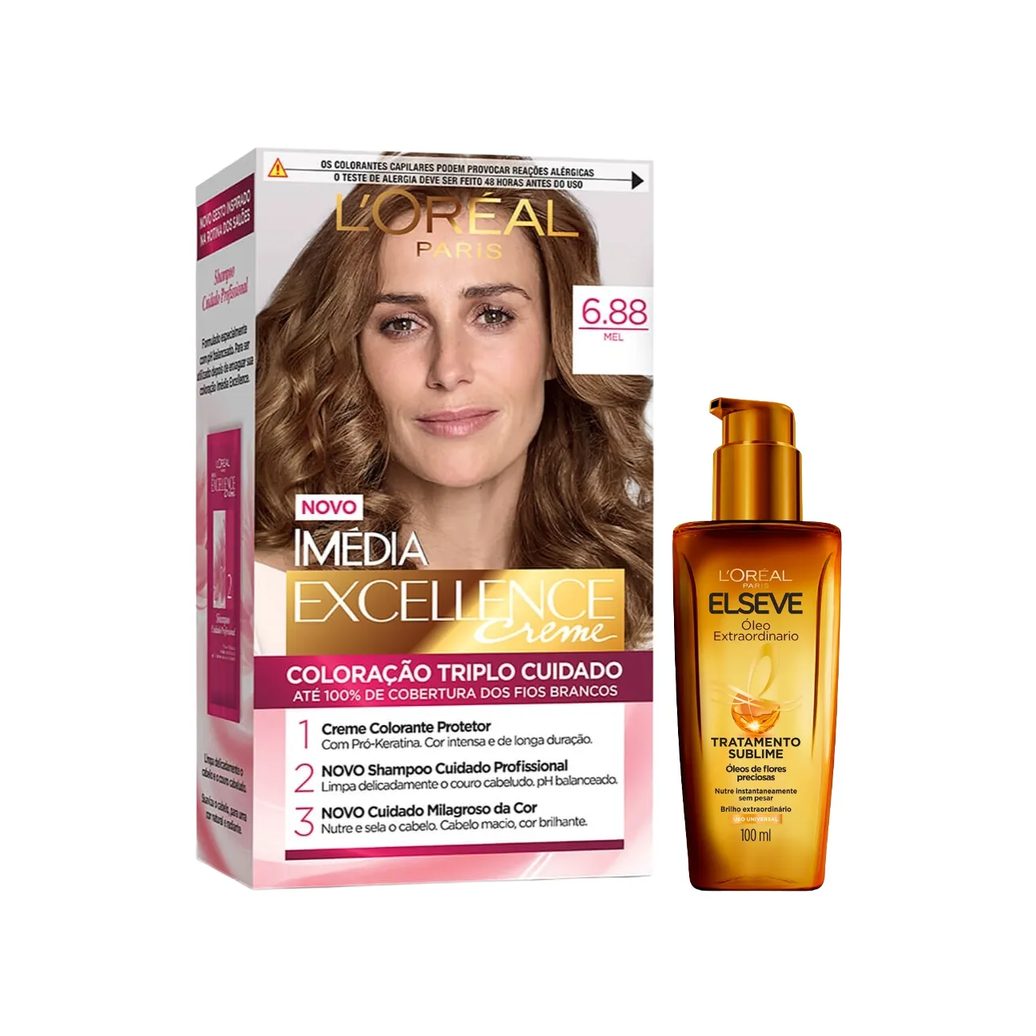 Kit L'Oréal Paris Tinta de Cabelo Permanente Imédia Excellence Creme - 6.88 Mel + Óleo Extraordinário Tratamento Reconstrutor Elseve 100ml