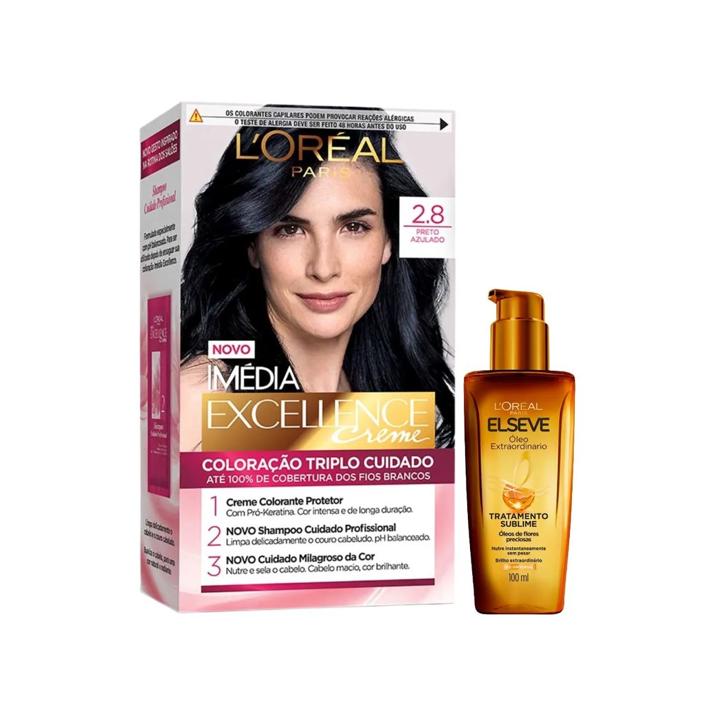 Kit L'Oréal Paris Tinta de Cabelo Permanente Imédia Excellence Creme - 2.8 Preto Azulado + Óleo Extraordinário Tratamento Reconstrutor Elseve 100ml