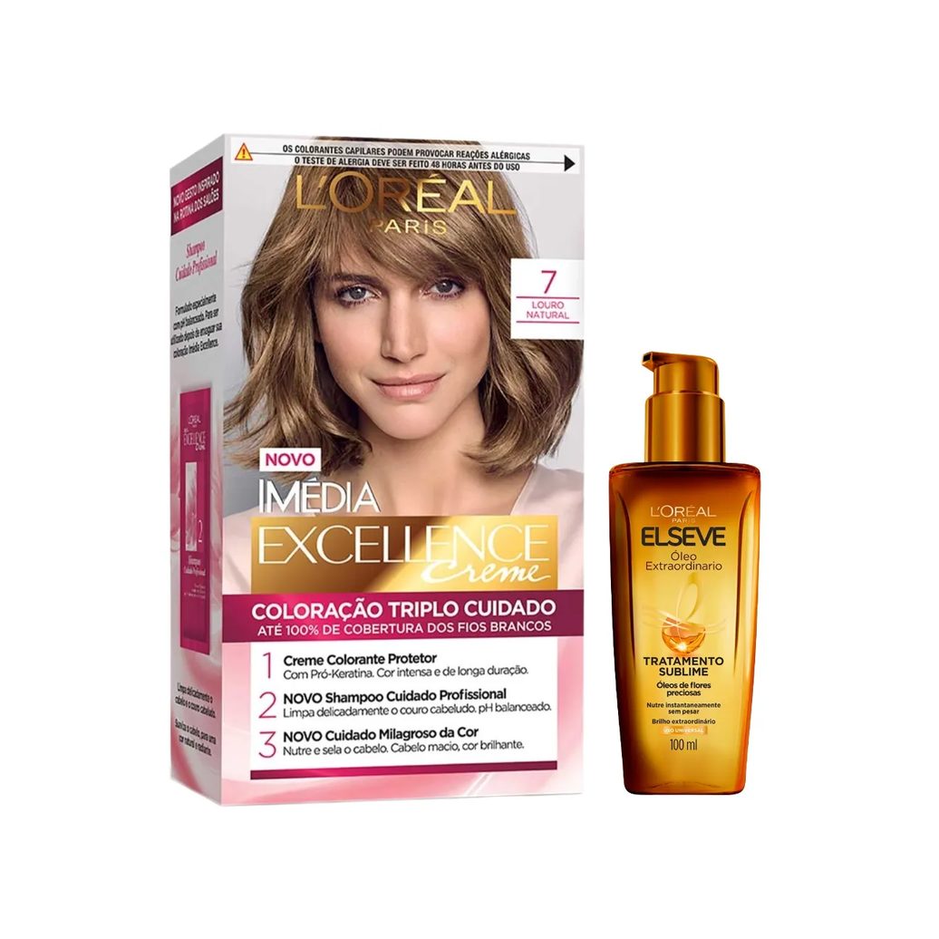 Kit L'Oréal Paris Tinta de Cabelo Permanente Imédia Excellence Creme - 7 Louro Natural + Óleo Extraordinário Elseve Tratamento Sublime 100ml
