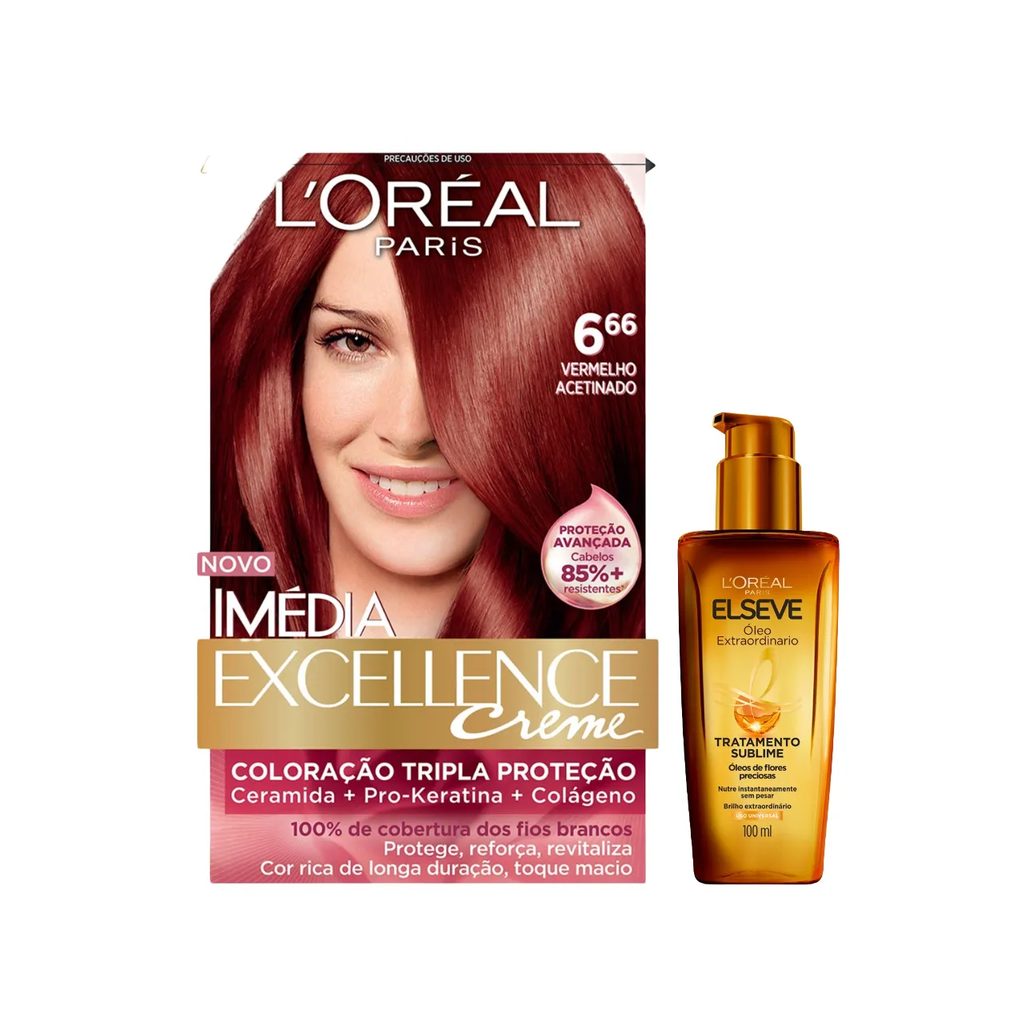 Kit L'Oréal Paris Tinta de Cabelo Permanente Iméida Excellence Creme - 6.66 Vermelho Acetinado + Óleo Extraordinário Tratamento Reconstrutor Elseve 100ml