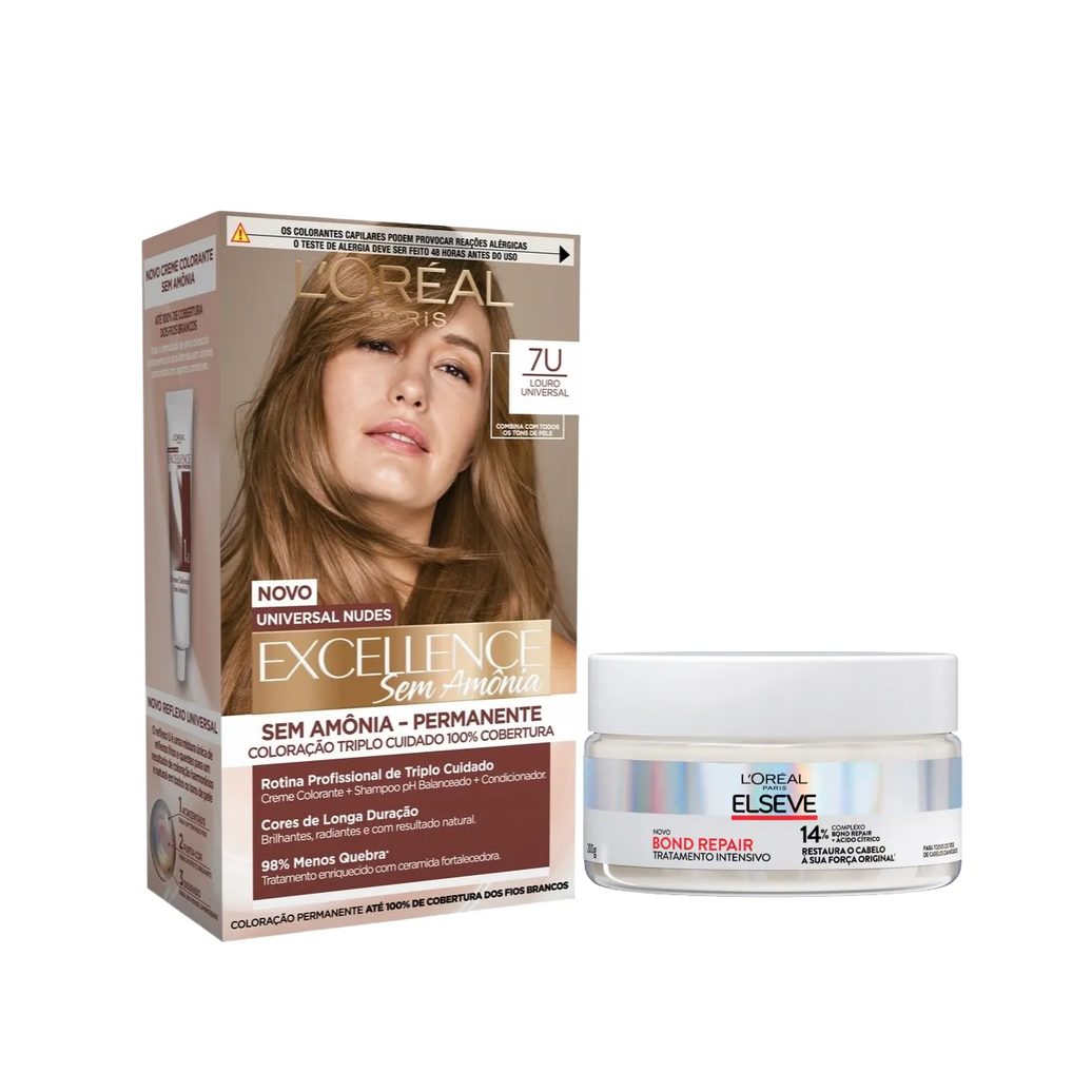 Kit L'Oréal Paris Tinta de Cabelo Permanente Imédia Excellence Sem Amônia - 7U Louro Universal + Creme de Tratamento Intensivo Elseve Bond Repair 200g