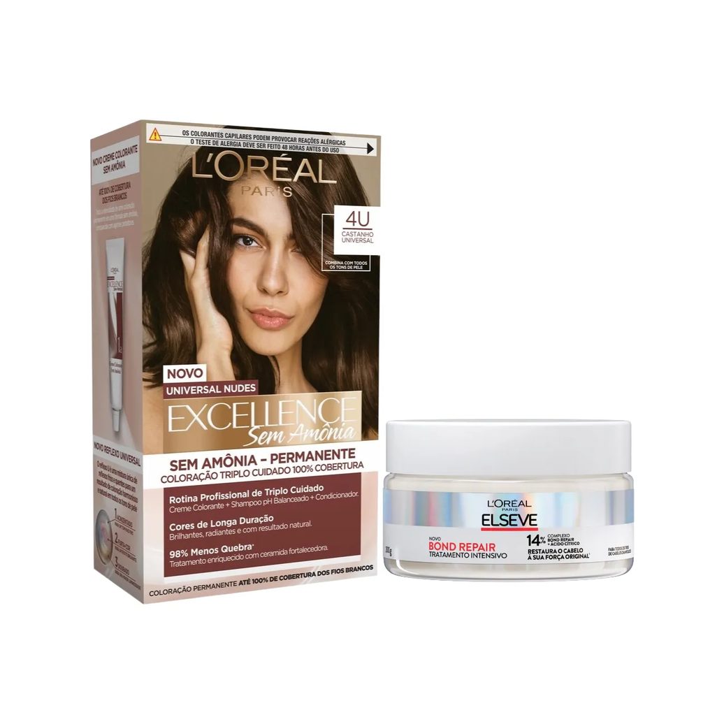 Kit L'Oréal Paris Tinta de Cabelo Permanente Imédia Excellence Sem Amônia - 4U Castanho Universal + Creme de Tratamento Intensivo Elseve Bond Repair 200g
