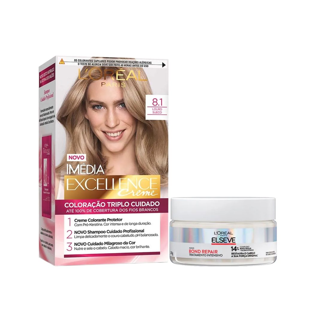 Kit L'Oréal Paris Tinta de Cabelo Permanente Imédia Excellence Creme - 8.1 Louro Sueco + Creme de Tratamento Intensivo Elseve Bond Repair 200g
