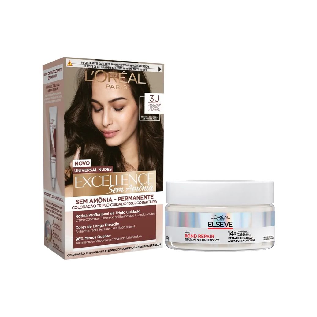 Kit L'Oréal Paris Tinta de Cabelo Permanente Imédia Excellence Sem Amônia - 3U Castanho Escuro Universal + Creme de Tratamento Intensivo Elseve Bond Repair 200g