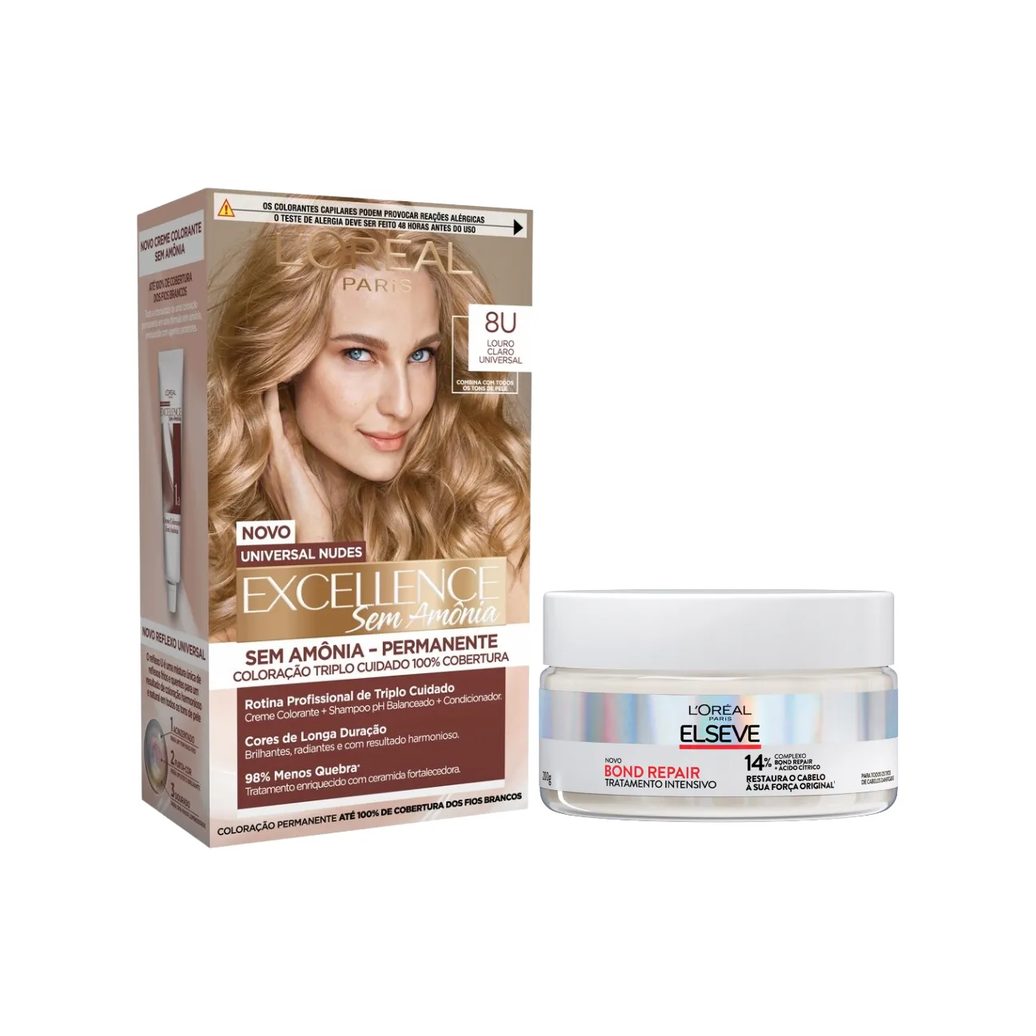 Kit L'Oréal Paris Tinta de Cabelo Permanente Imédia Excellence Sem Amônia - 8U Louro Claro Universal + Creme de Tratamento Intensivo Elseve Bond Repair 200g