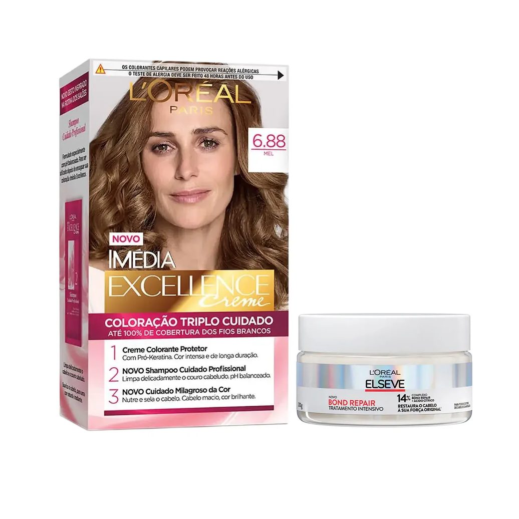 Kit L'Oréal Paris Tinta de Cabelo Permanente Imédia Excellence Creme - 6.88 Mel + Creme de Tratamento Intensivo Elseve Bond Repair 200g