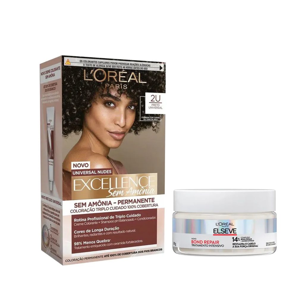 Kit L'Oréal Paris Tinta de Cabelo Permanente Imédia Excellence Sem Amônia - 2U Preto Universal + Creme de Tratamento Intensivo Elseve Bond Repair 200g