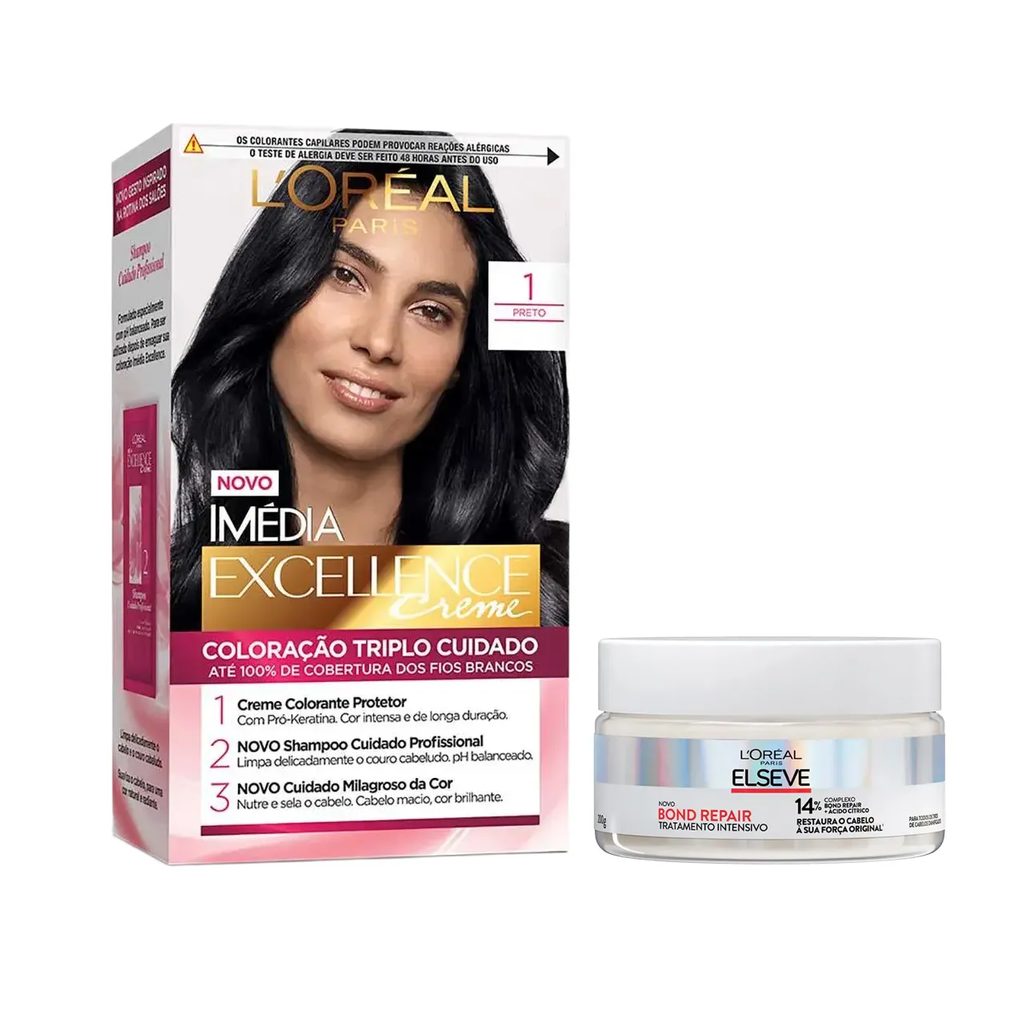 Kit L'Oréal Paris Tinta de Cabelo Permanente Imédia Excellence Creme - 1 Preto + Creme de Tratamento Intensivo Elseve Bond Repair 200g