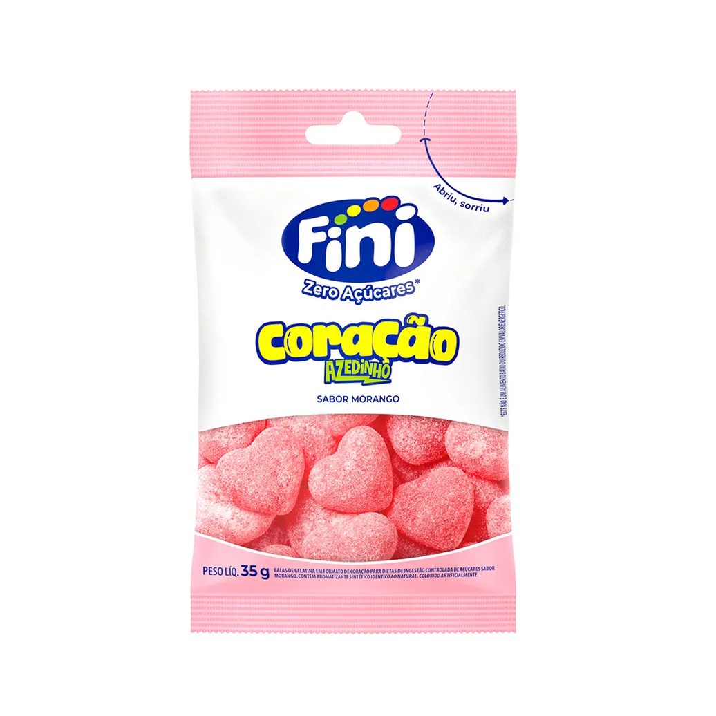 Balas de Gelatina Fini Zero Açúcares Coração Morango Azedinho 35g
