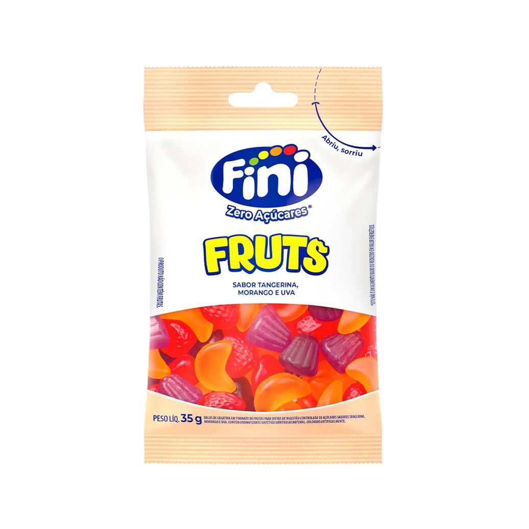 Balas de Gelatina Fini Zero Açúcares Fruts Morango Tangerina e Uva 35g