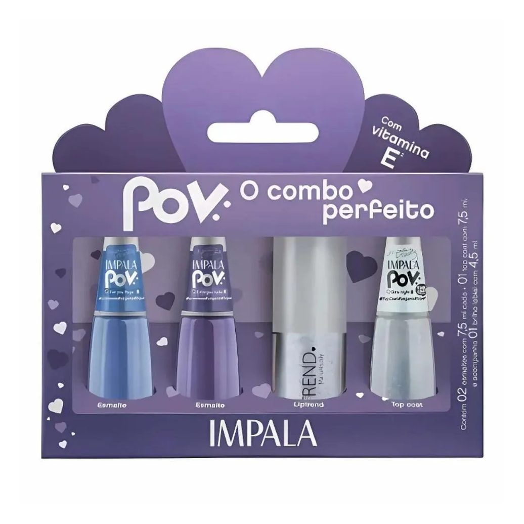 Kit Impala Pov 2.3 Maria Nicolly: 2 Esmaltes, 1 Top Coat e 1 Gloss Labial