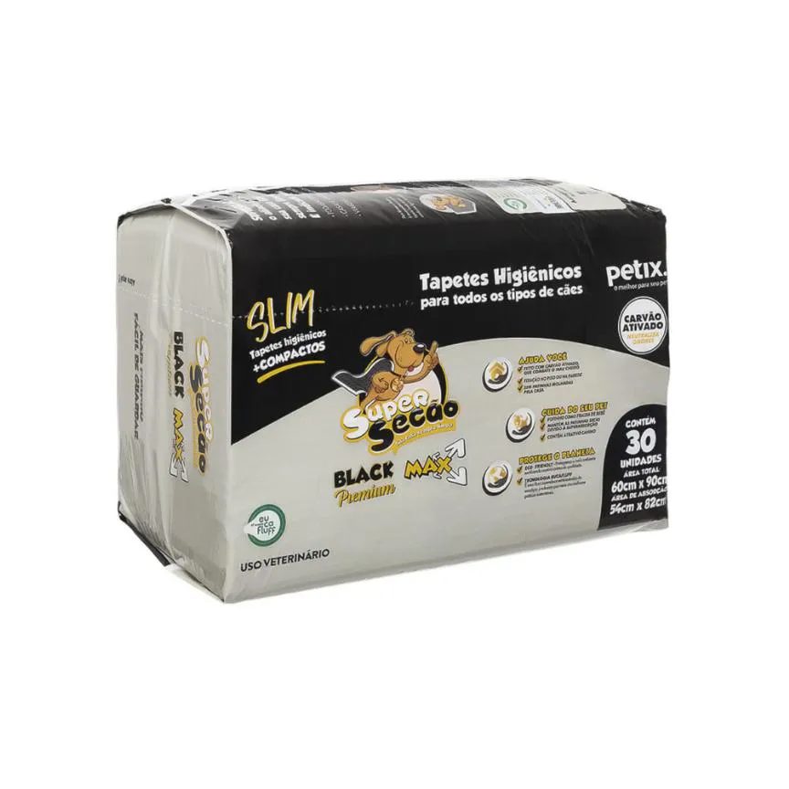 Tapete Higiênico Super Secão Slim Black 30Un 60X90Cm para Cães