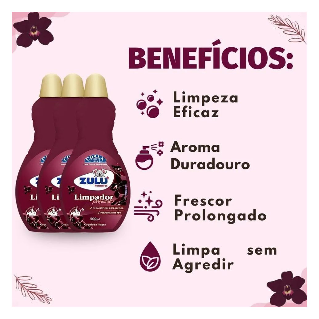 Kit Coala Zulu Perfumes: 3 Limpadores Perfumados Orquídea Negra 500ml