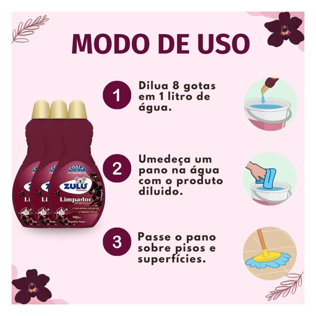Kit Coala Zulu Perfumes: 3 Limpadores Perfumados Orquídea Negra 500ml
