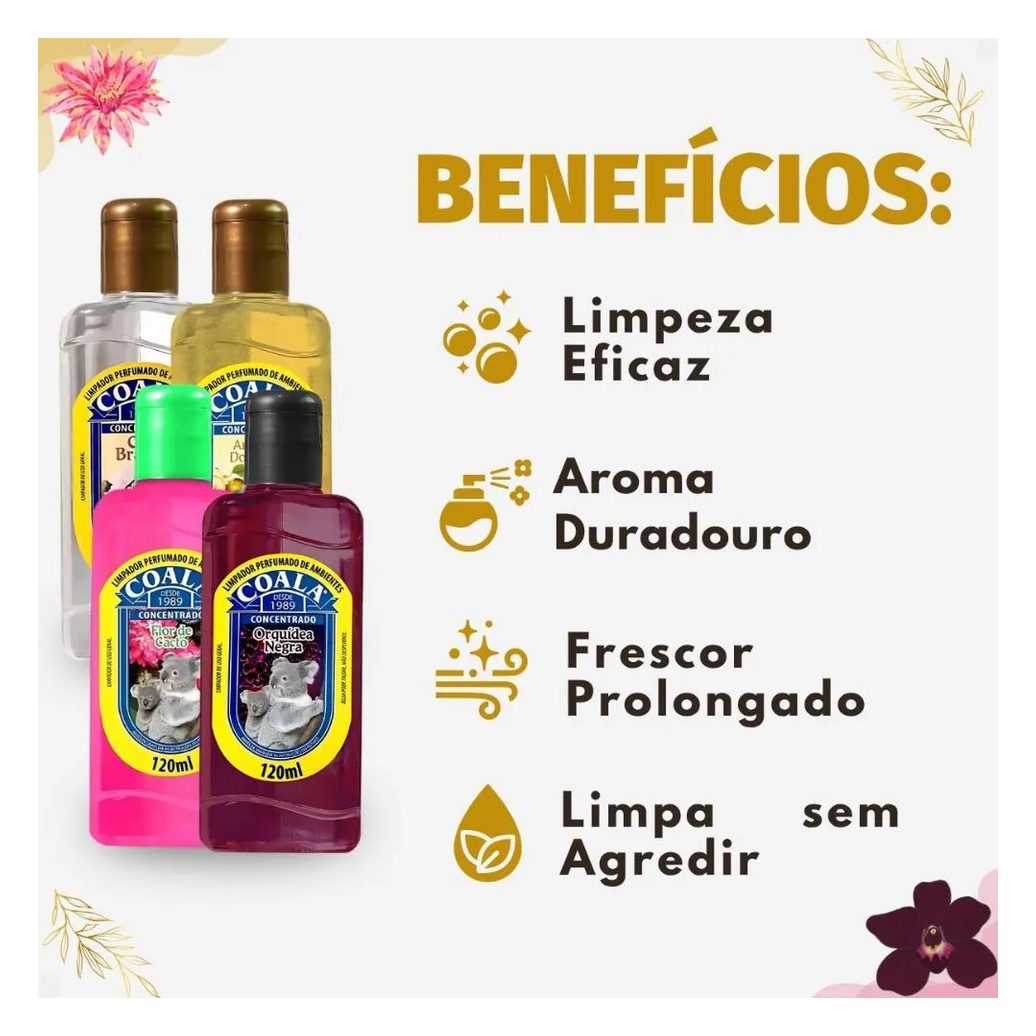 Kit Coala Limpadores Perfumados: Chá Branco, Ameixa Dourada, Flor de Cacto e Orquídea Negra 120ml