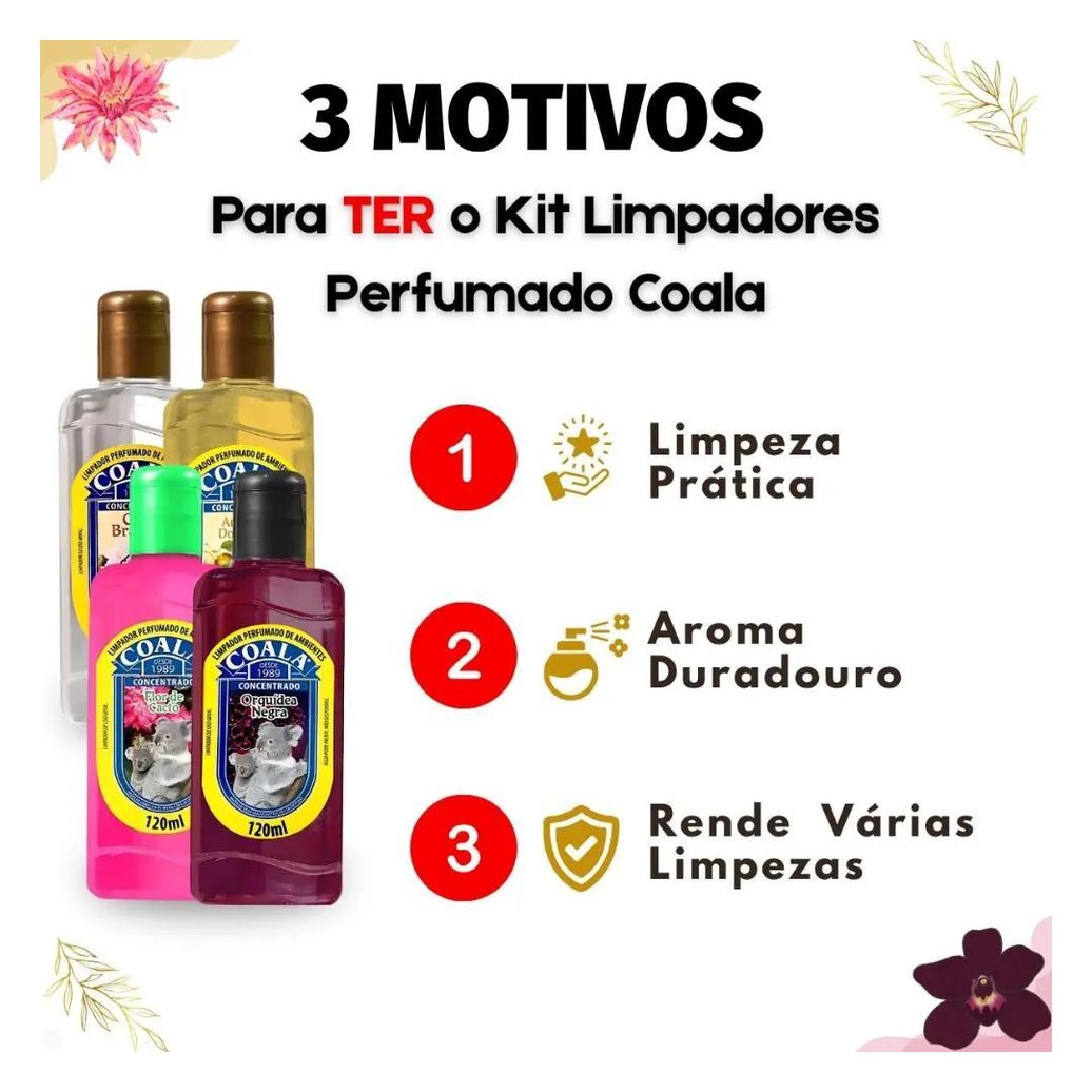 Kit Coala Limpadores Perfumados: Chá Branco, Ameixa Dourada, Flor de Cacto e Orquídea Negra 120ml