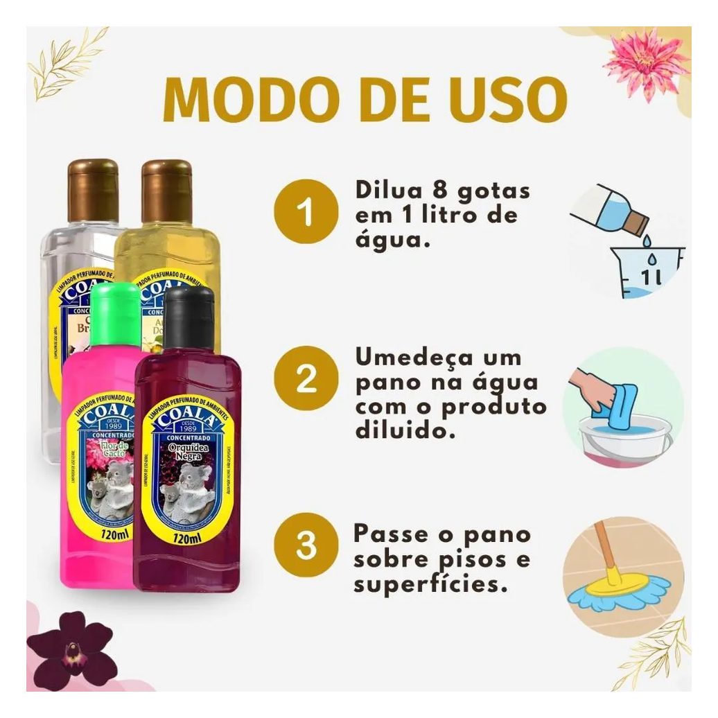 Kit Coala Limpadores Perfumados: Chá Branco, Ameixa Dourada, Flor de Cacto e Orquídea Negra 120ml