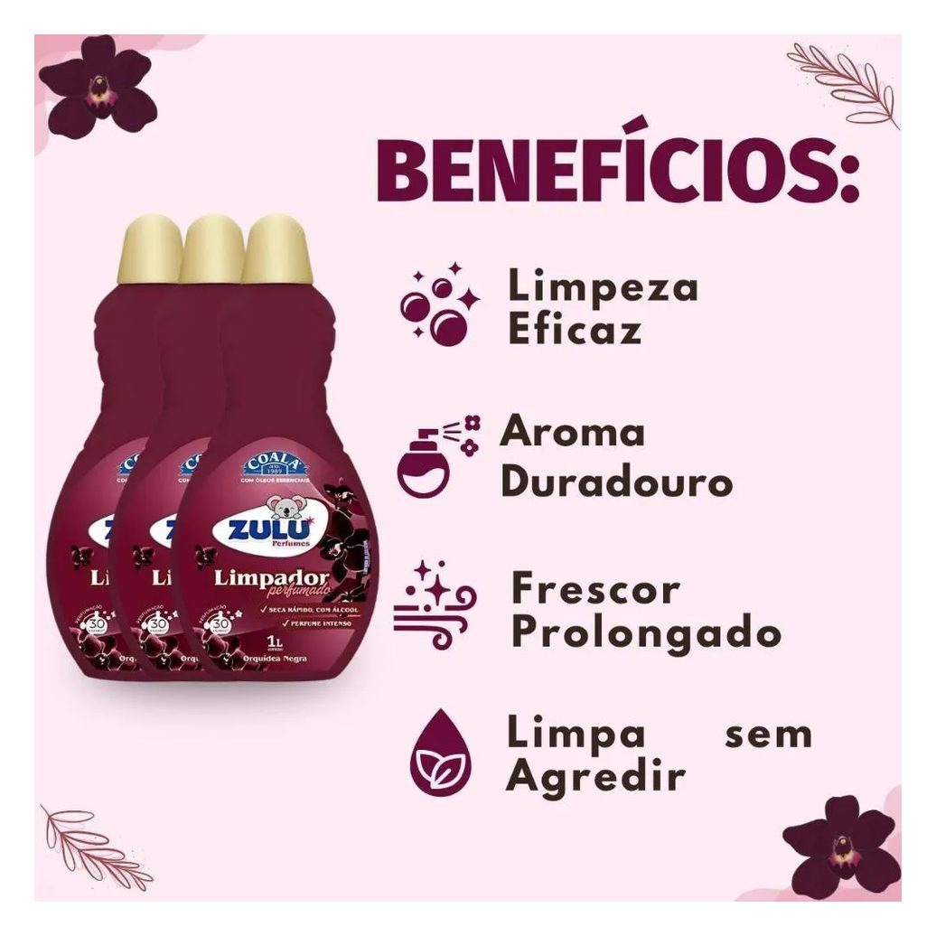 Kit Coala Zulu Perfumes: 3 Limpadores Perfumados Orquídea Negra 1l