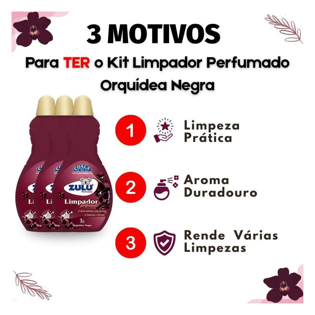 Kit Coala Zulu Perfumes: 3 Limpadores Perfumados Orquídea Negra 1l