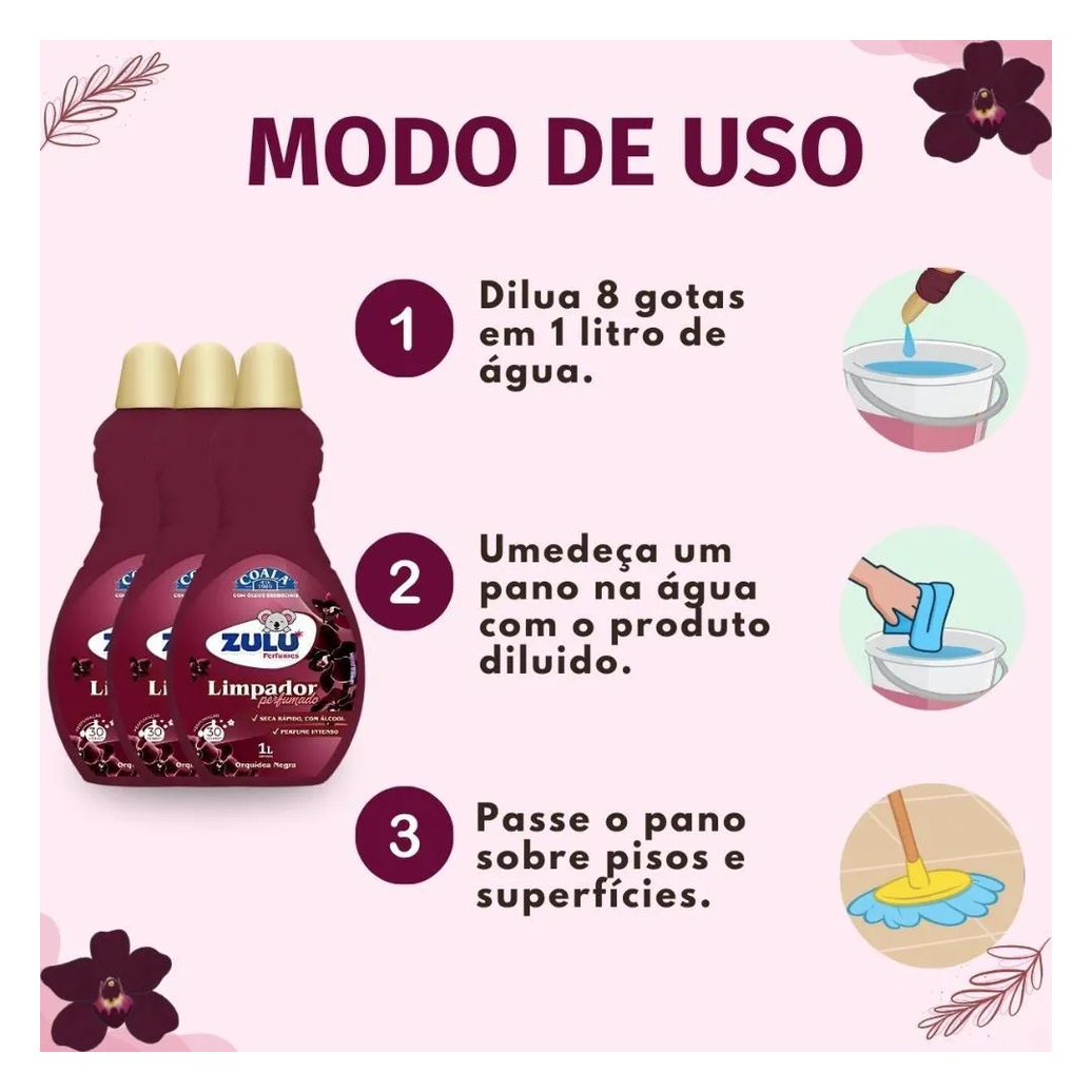 Kit Coala Zulu Perfumes: 3 Limpadores Perfumados Orquídea Negra 1l